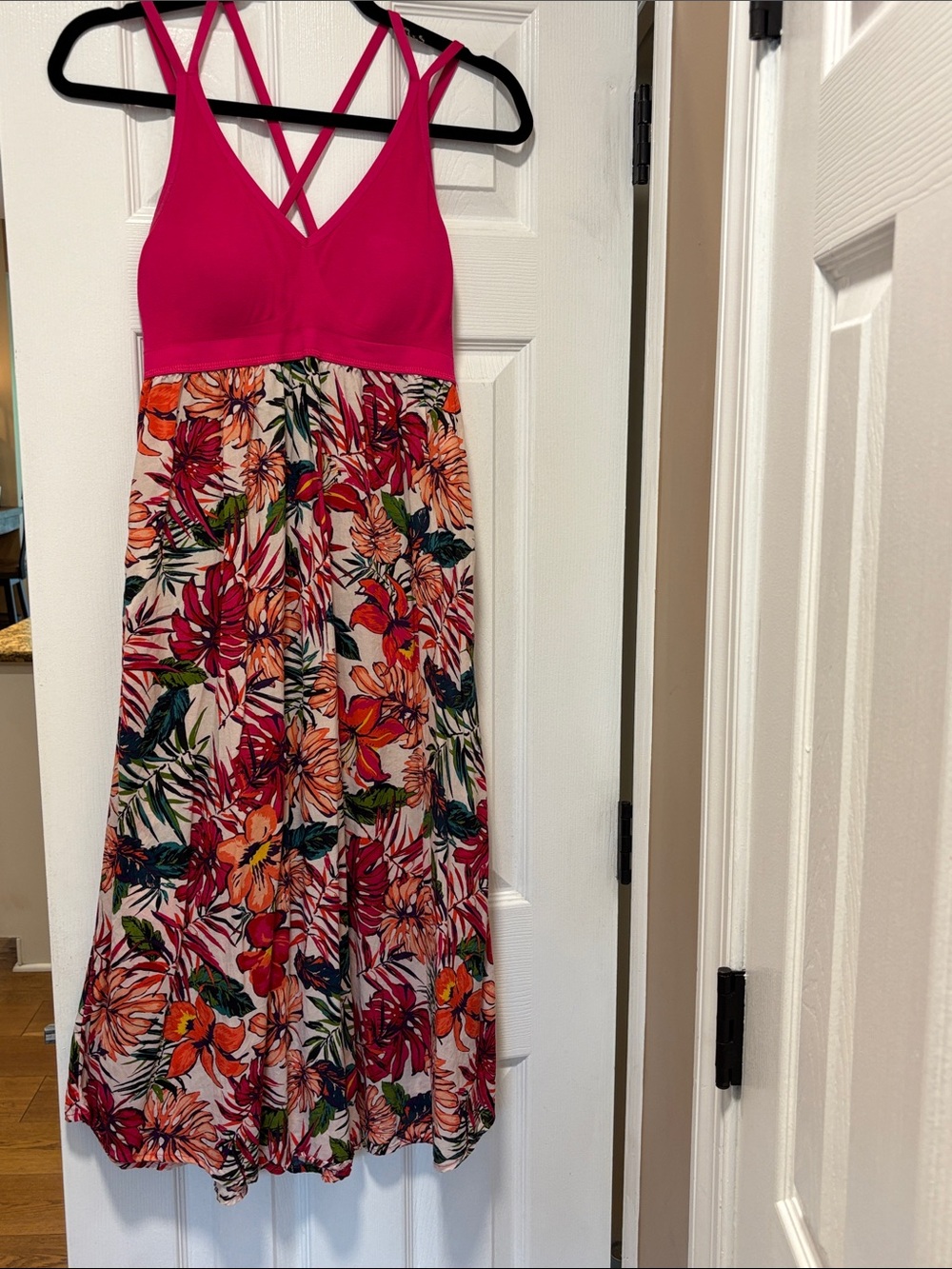 Hot Pink Floral-Print Midi Dress with Crisscross Straps